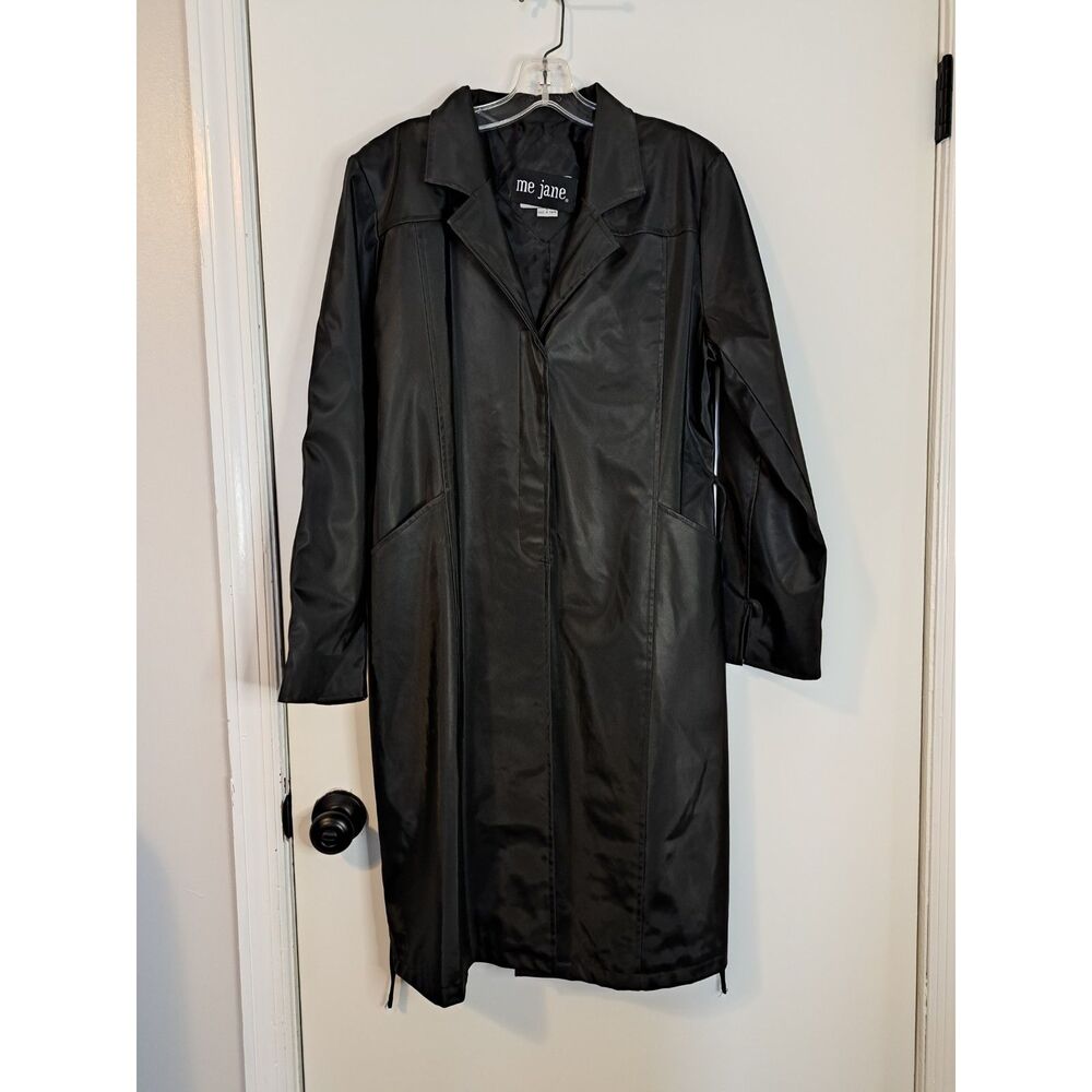Vintage Me Jane Black Faux Leather Trench Coat Jacket Women L Belted Matrix
